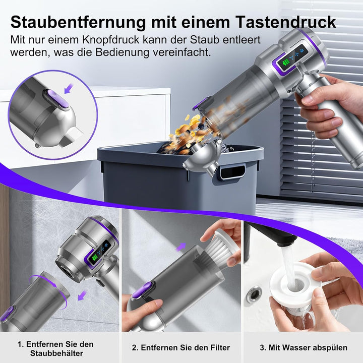 Handstaubsauger, 25000Pa Handstaubsauger Akku, 4 in 1 Stark Auto Staubsauger mit 1-Knopf Selbstentle