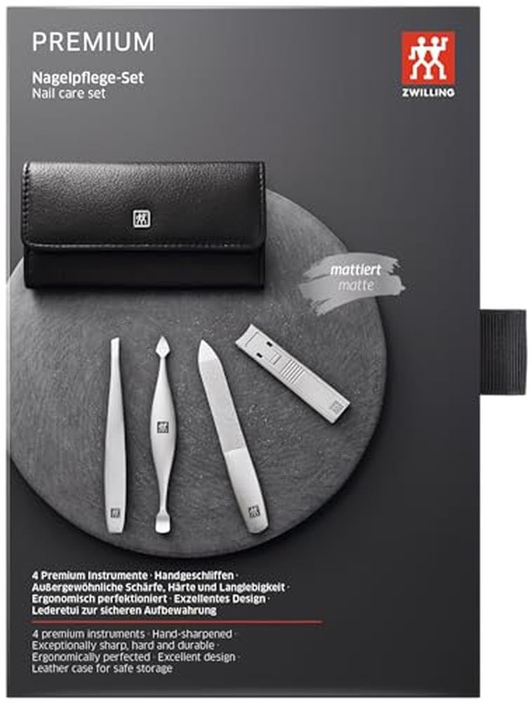 ZWILLING Maniküre Set, Pediküre Kit aus Rindleder 4-teilig mit Nagelknipser, Premium, Schwarz