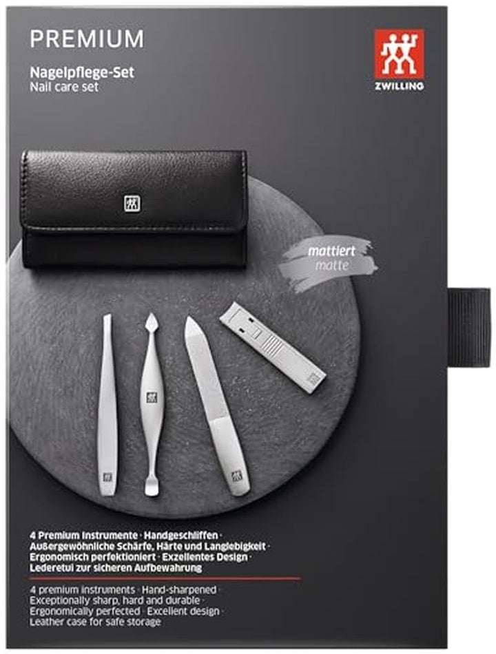 ZWILLING Maniküre Set, Pediküre Kit aus Rindleder 4-teilig mit Nagelknipser, Premium, Schwarz