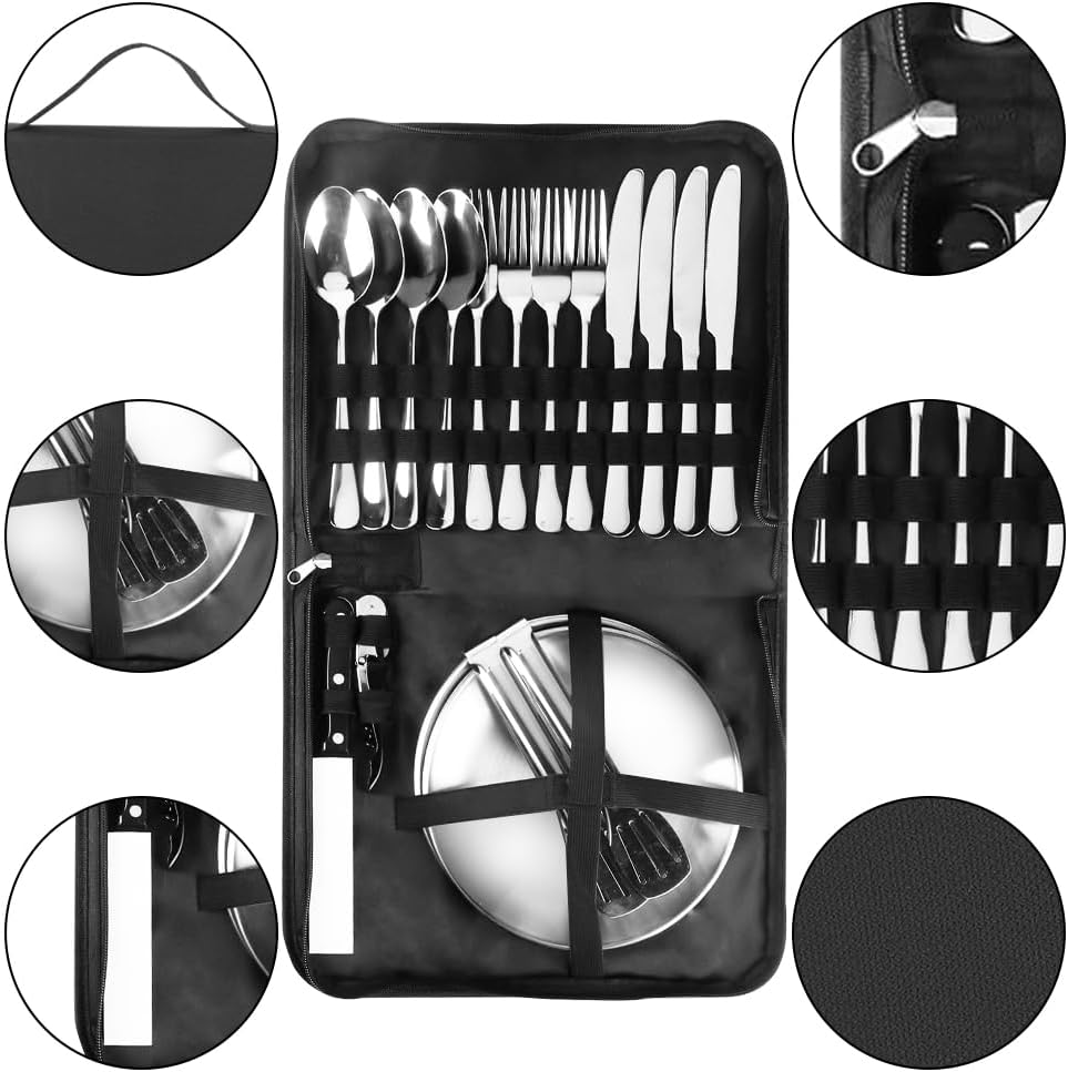 Cynrikah Camping Geschirr Set 4 Personen, Camping Besteck Set Edelstahl Camping-geschirr 20PCS Campi