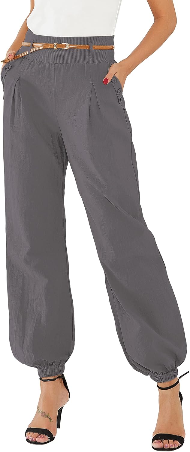 Cindeyar Damen Haremshose Elegant Pumphose Lange Leinen Hose mit Gürtel Aladin Pants M Grau, M Grau