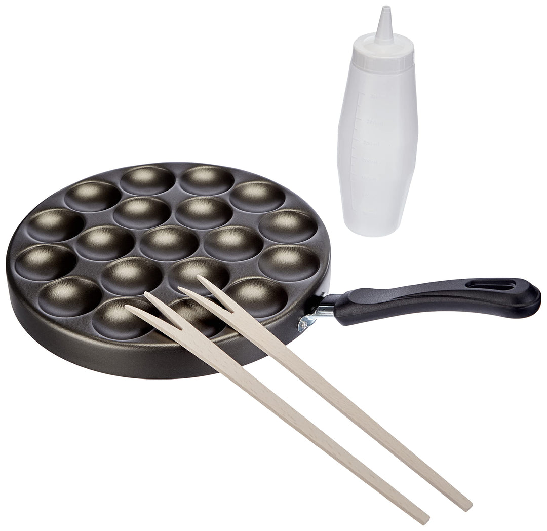 patisse,2999,Poffertjes AA8Pfanne-Set mitRezepten, Teigflasche undHolzstäbchen, Aluminium, Schwarz,