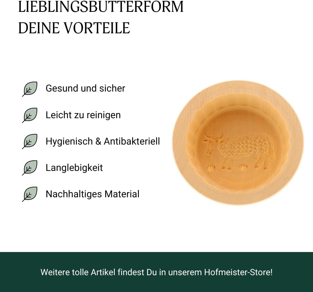 HOFMEISTER® Butterform 250g Butter selbermachen - 11 cm, Kuh, handgefertigt aus Holz in Deutschland,