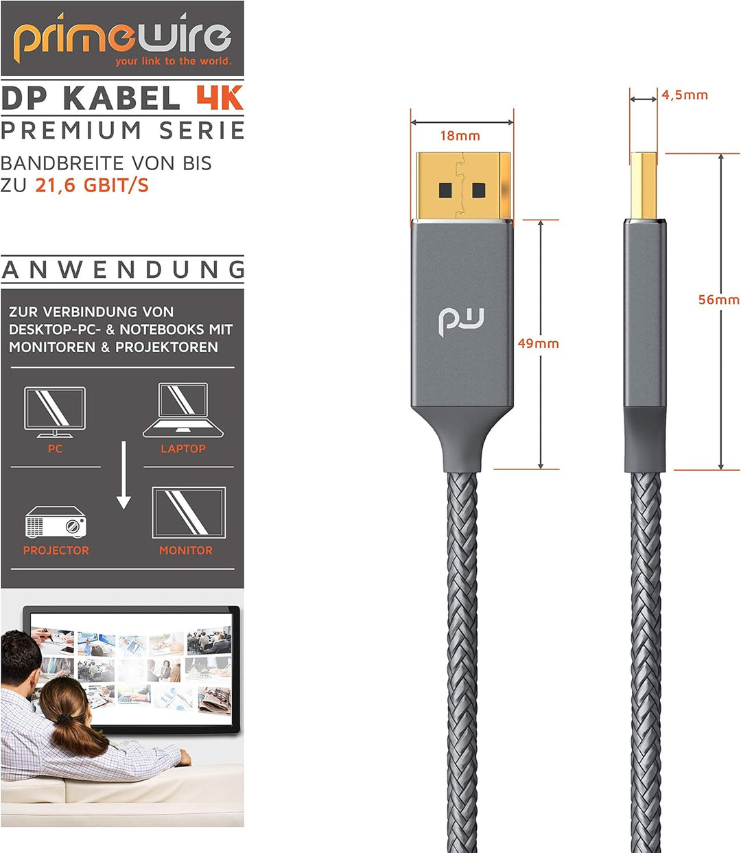 CSL - 4k DisplayPort Kabel 5m - Displayport auf Displayport - DP 1.2-4K 60Hz und 2K 144Hz - Bandbrei
