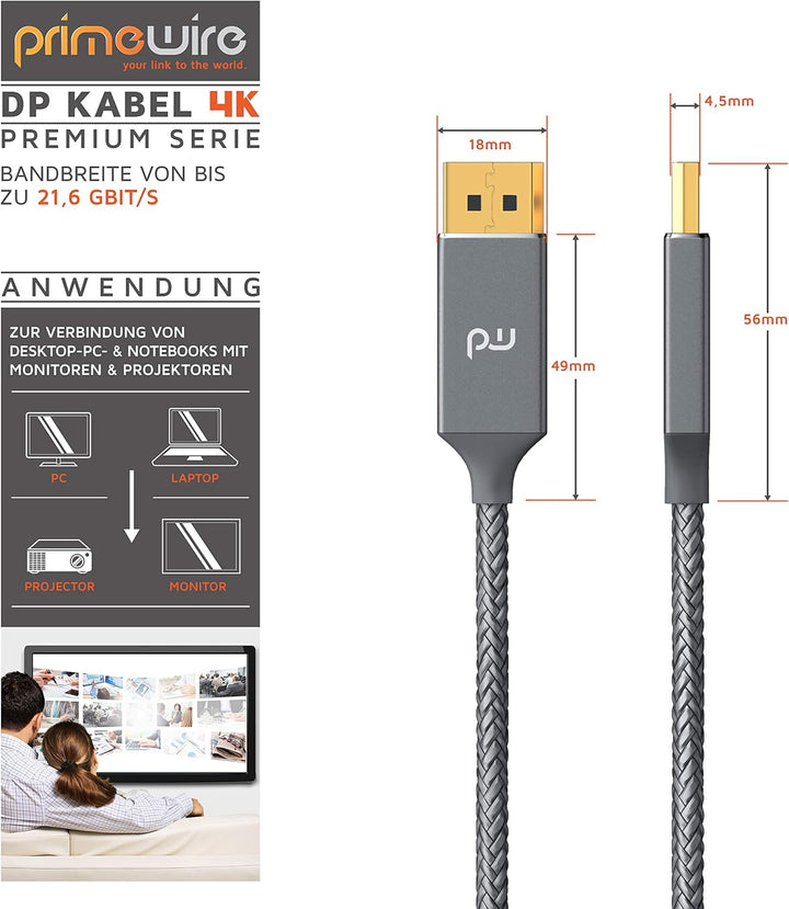 CSL - 4k DisplayPort Kabel 5m - Displayport auf Displayport - DP 1.2-4K 60Hz und 2K 144Hz - Bandbrei