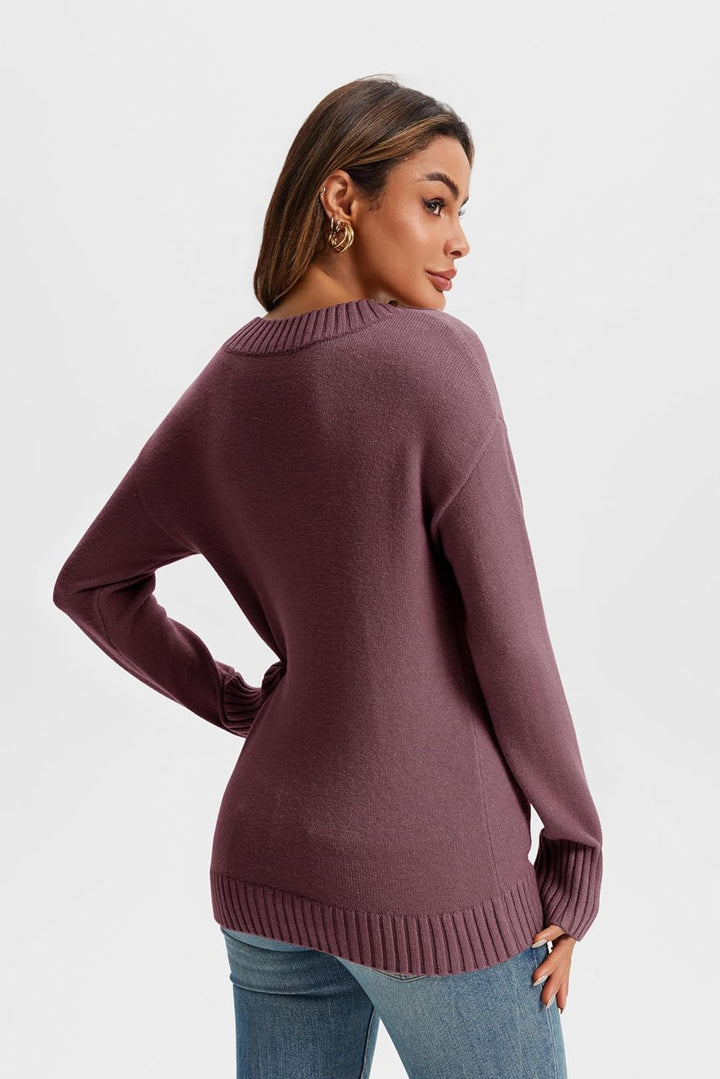 Wenrine Damen Pullover Winter Langarm V-Ausschnitt Strickpullover Sexy Lose Einfarbig S Violett, S V