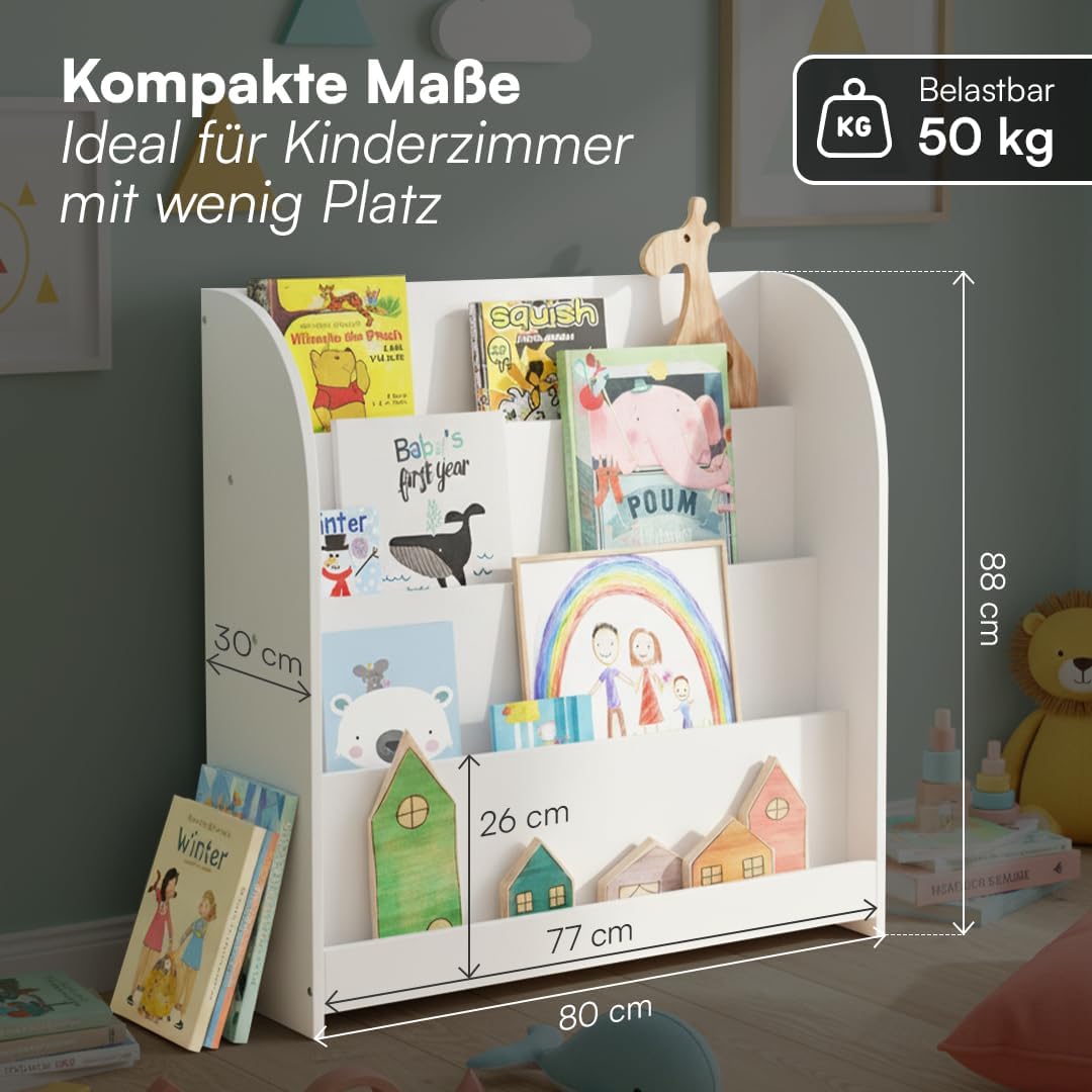 Bellabino Baru Bücherregal Kinder – Montessori Bücherregal mit 4 breiten Fächern – Kinder Bücherrega