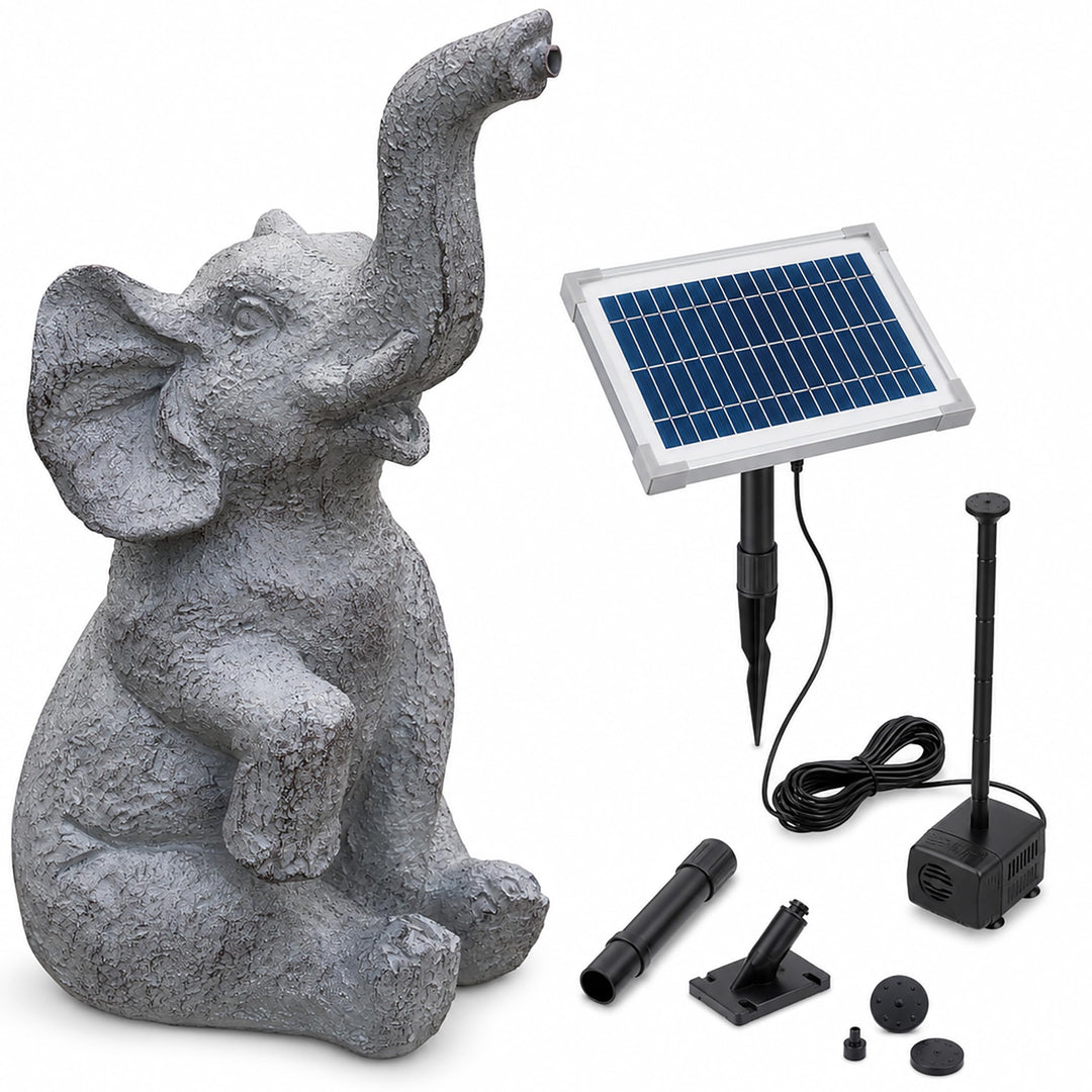 Esotec Solar Wasserspeier Set sitzender Elefant LUMI, H=17,5cm, Wasserspiel mit Teichpumpe 250l/h, S