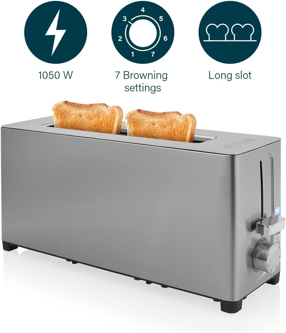 Princess 142401 Steel Toaster Langer Schlitz - 7 einstellbare Stufen - 1050 W 2 Toasts Langer Schlit