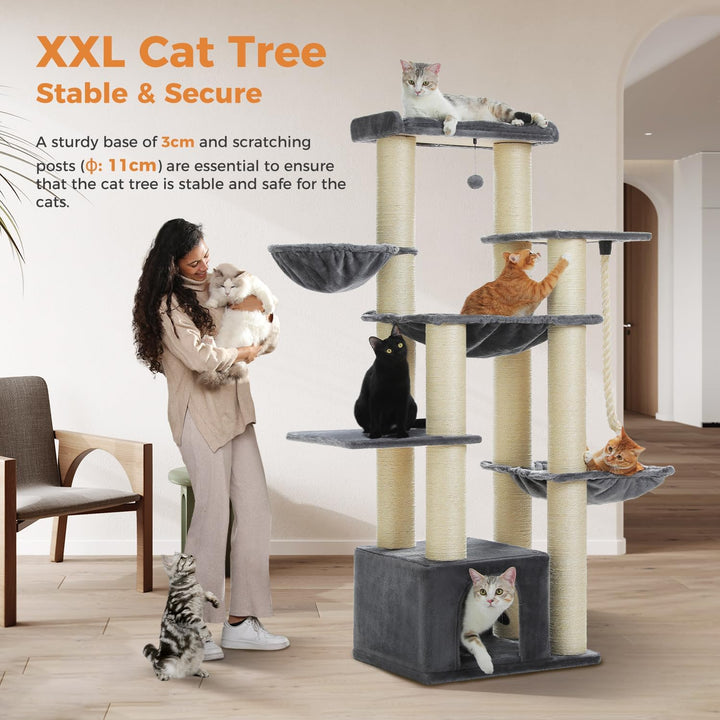PAWZ Road Kratzbaum Grosse Katzen stabil mit Mehreren Ebenen, Hängematte,13 Sisalpfosten(φ11cm), Gro
