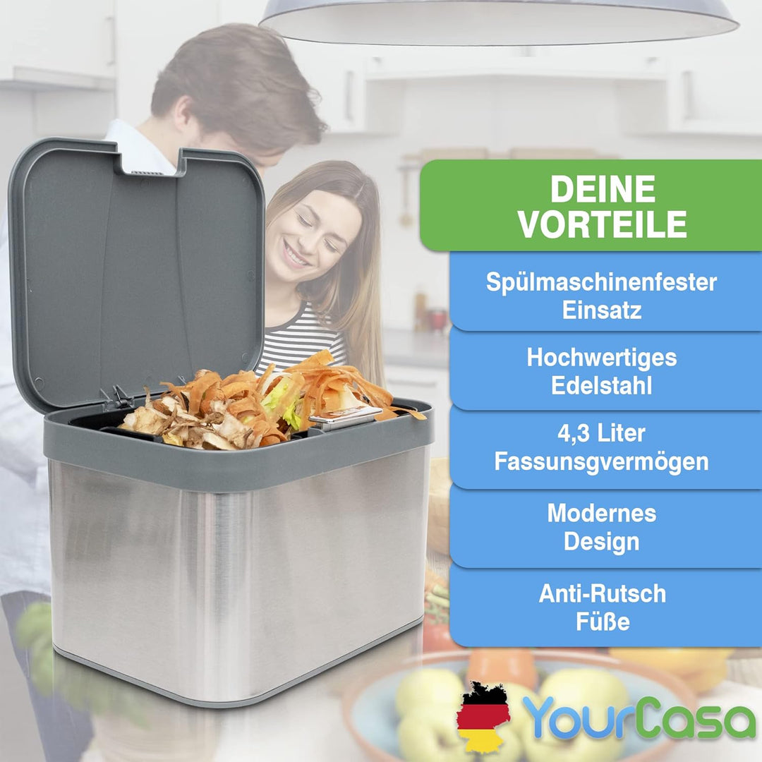 YourCasa® Biomülleimer Küche 4,3 L aus Edelstahl - geruchsdichter Bio Mülleimer mit Deckel & spülmas