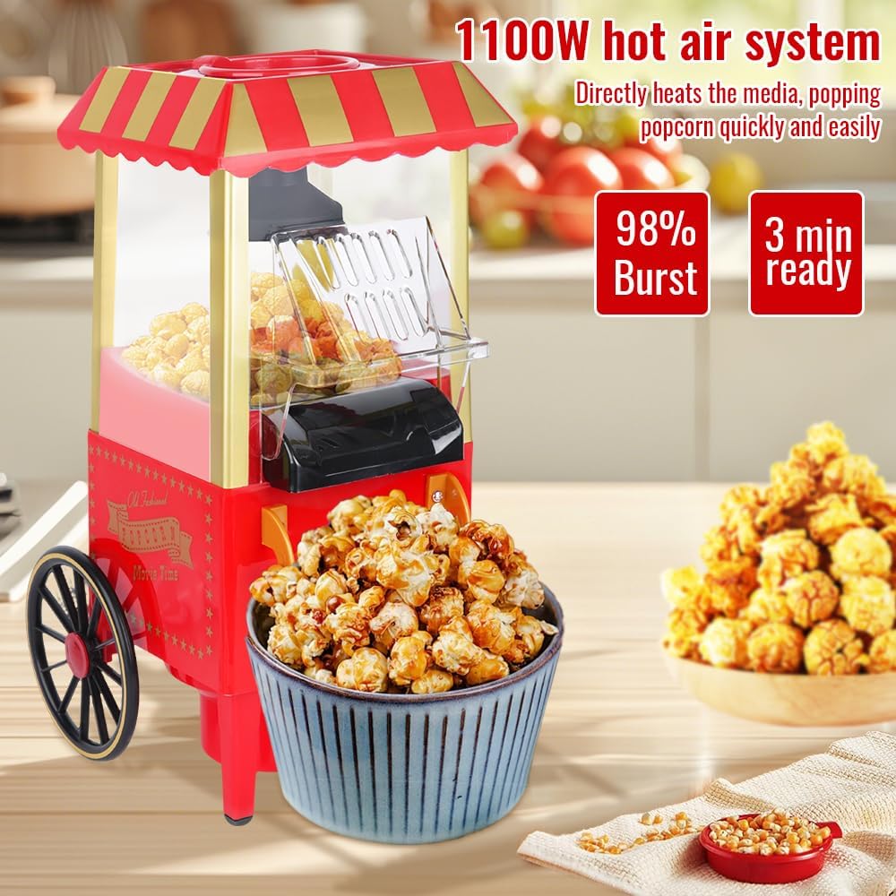Popcornmaschine, Retro Heissluft Popcorn Maker für fettfreies & ölfreies Popcorn, Gesunde Popcorn Ma