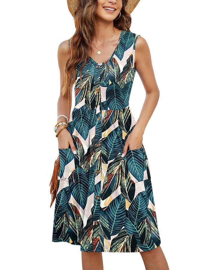 MOLERANI Damen Sommerkleider Ärmellos Lässig Locker Swing Button-Down Midikleid mit Taschen S Blattd