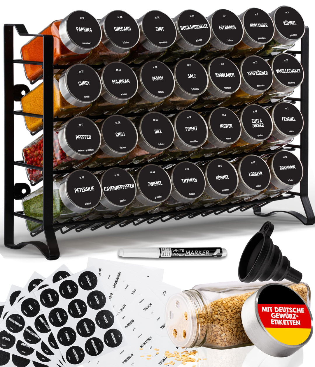Deco haus® Gewürzregal Stehend & Wand [MIT 28 GLÄSERN & ETIKETTEN] - Gewürz Organizer - Gewürzregal