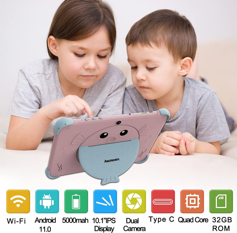ascrecem Kinder Tablet 10 Zoll Android Tablet für Kinder mit WiFi Doppelkamera IPS Display Quad Core