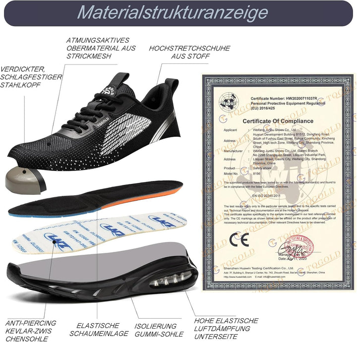 tqgold Sicherheitsschuhe Herren Damen Leicht Arbeitsschuhe | Sportlich Schutzschuhe mit Stahlkappe |