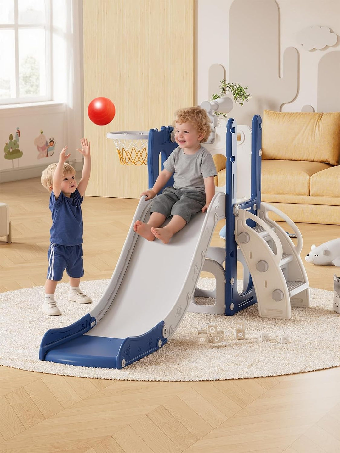 Rutsche für Kleinkinder mit Basketballkorb, Ball &amp; Spielzeug-Teleskop, Indoor &amp; Outdoor Spielplatz S