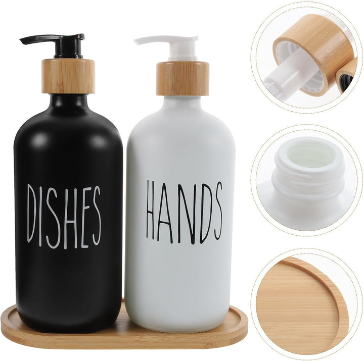 DOITOOL 500ml Lotion Spender Satz aus Glas und Bambus mit Praktischem Tablett Nachfüllbarer Pumpspen