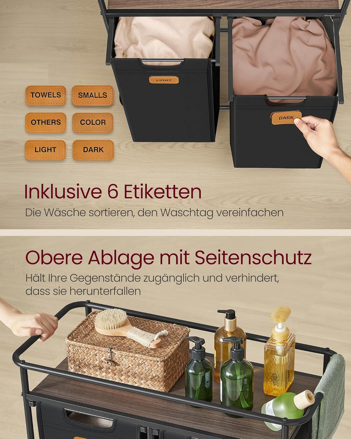 VASAGLE Wäschesammler mit Rollen, Wäschekorb 2 Fächer, 100 L, Wäschesortierer mit Ablage, Wäschewage
