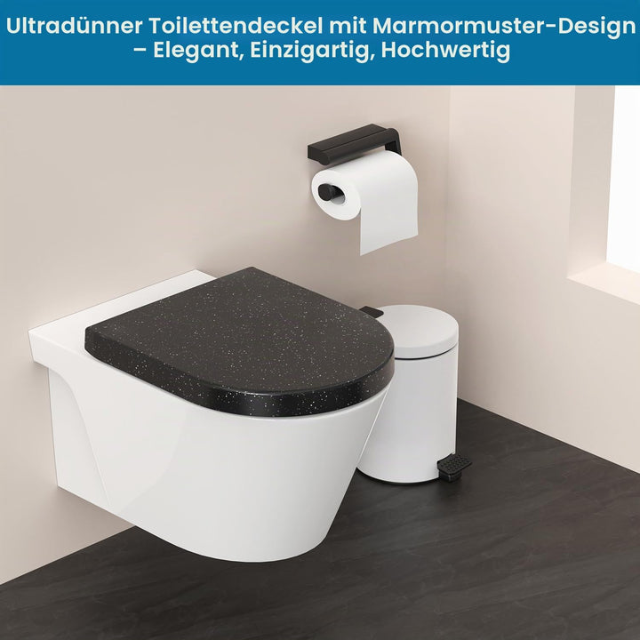 Toilettendeckel mit Absenkautomatik, WC Sitz D Form aus Duroplast, Schwarz Marmor Klodeckel mit Quic
