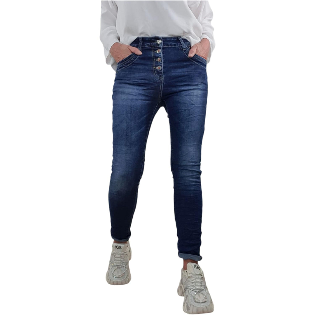 Jewelly Stretch Jeans| im Baggy Boyfriend Schnitt| Damen Hose mit dekorativer Knopfleiste| Perfekter