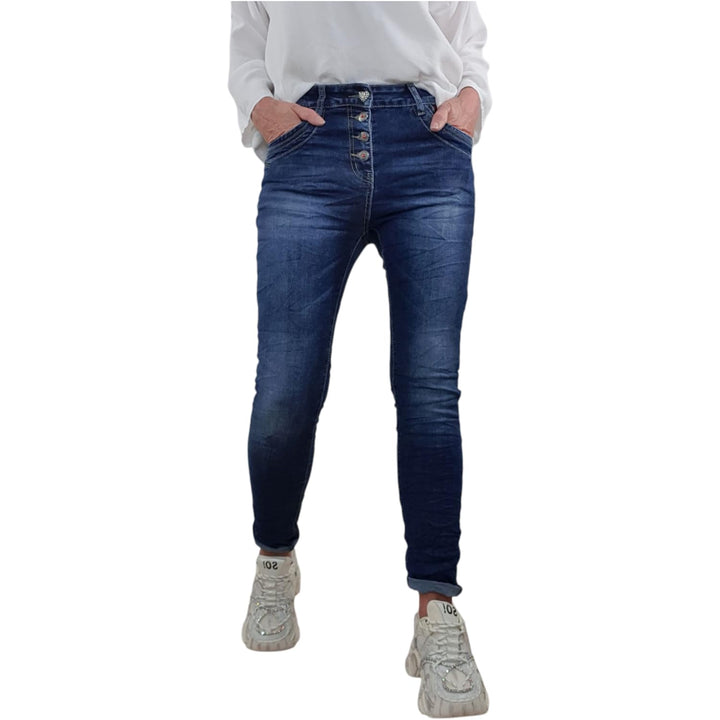 Jewelly Stretch Jeans| im Baggy Boyfriend Schnitt| Damen Hose mit dekorativer Knopfleiste| Perfekter