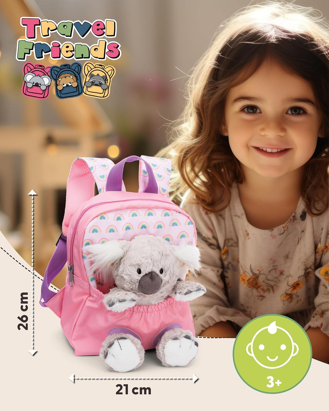 NICI Kinderrucksack rosa 2 in 1 mit Kuscheltier Koala 25cm - Kindergartenrucksack Mädchen & Jungen -
