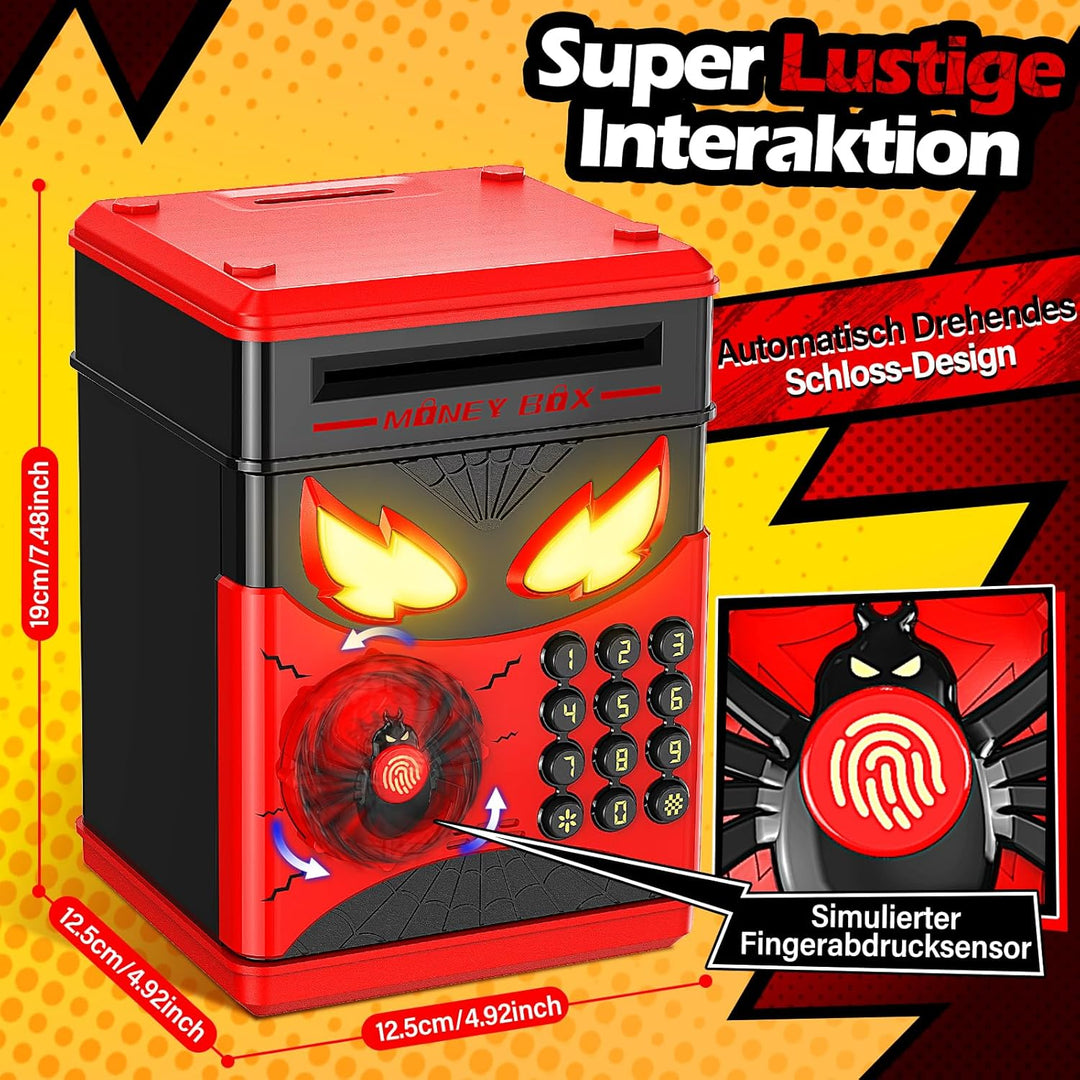 Spardose Kinder Tresor,Tresor Kinder mit 3D Spinnen Design und interaktivem Fingerabdrucksensor,Elek
