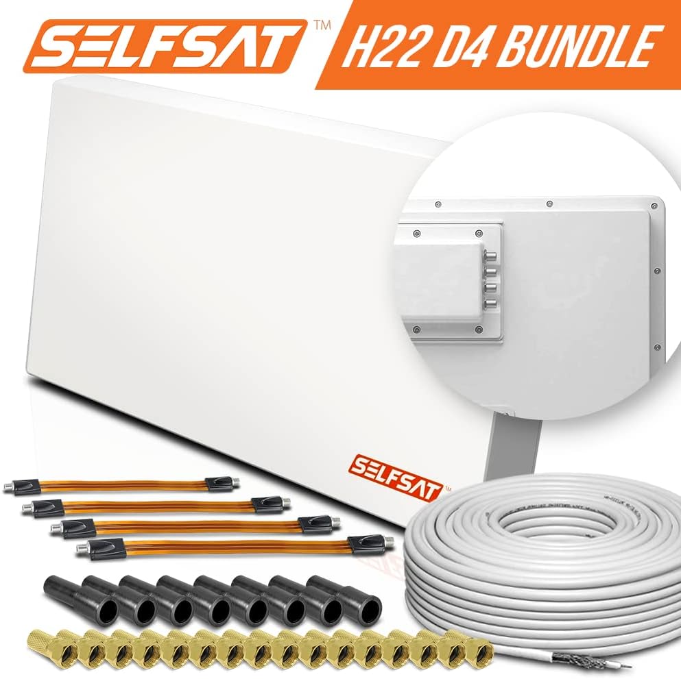 Selfsat H22D4+ 4 TV Teilnehmer SAT Flachantenne Flat + Profi Fensterdurchführung + Kabel Full HD 4K