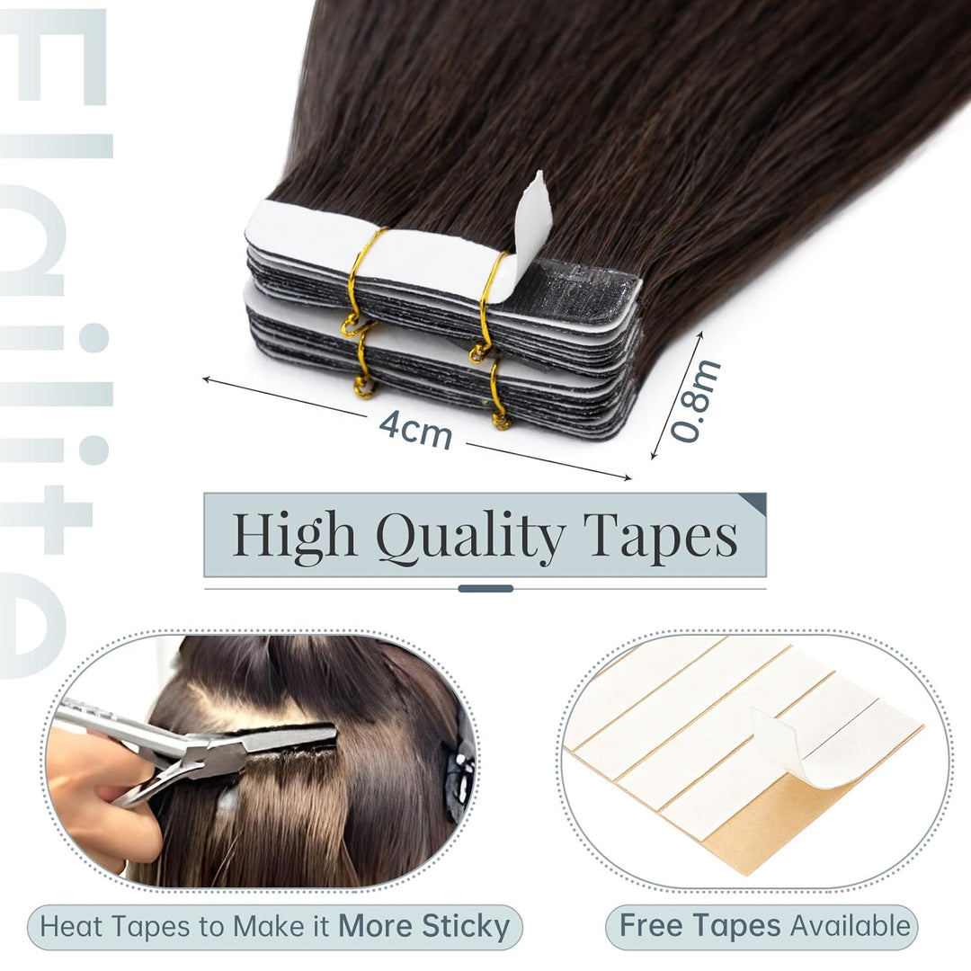 Elailite Tape in Extensions Echthaar Braun 20 Stück/Packung Real Human Hair, 40cm Indian Haar Invisi