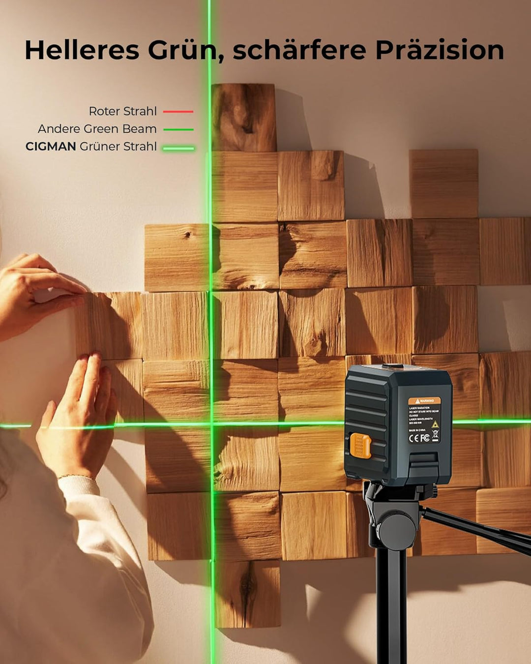 Kreuzlinienlaser, CIGMAN Grüner Kreuzlaser Selbstnivellierend Linienlaser, 30m Arbeitsreichweite, 36