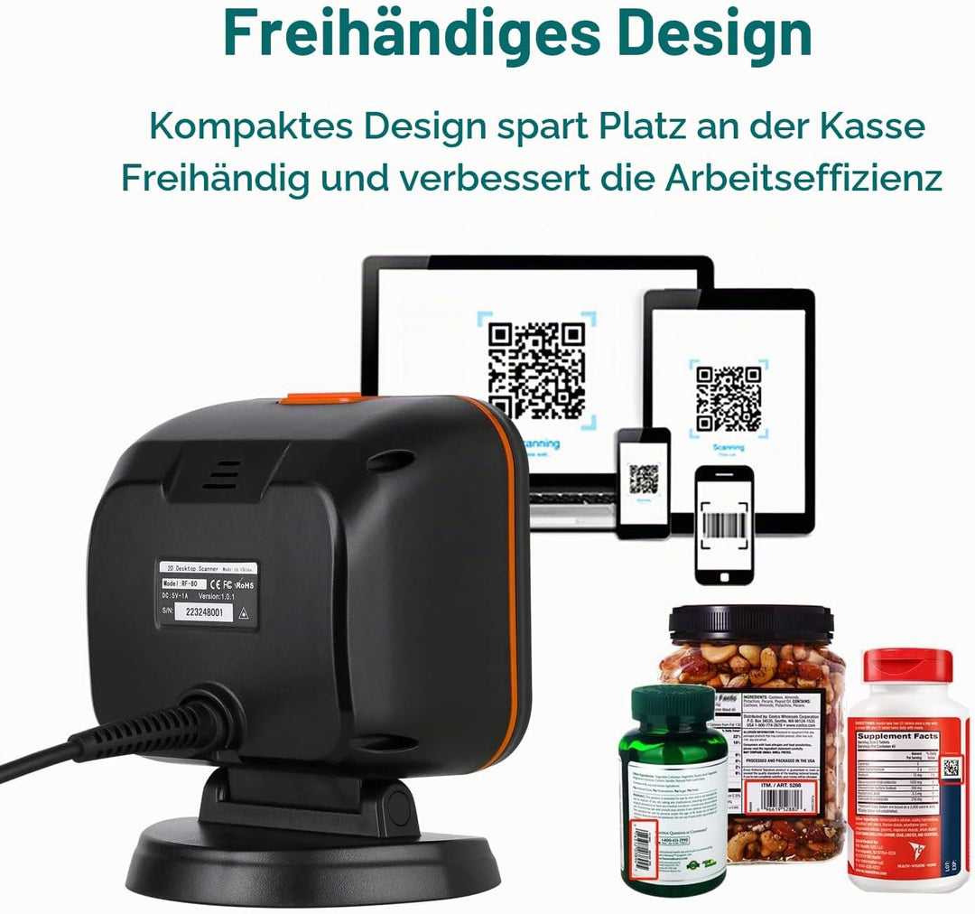 OBZ 1D 2D Desktop Barcode Scanner, QR Code Scanner USB Wired Hands-Free Barcode-Scanner Kassen Scann