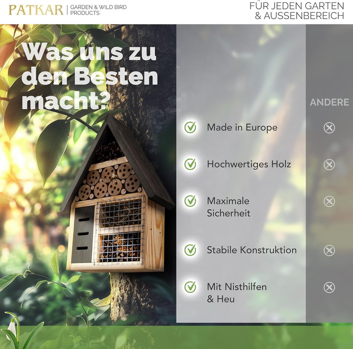 PATKAR Insektenhotel wetterfest [EXTRA STABIL] - Hummelhaus aus hochwertigem Holz (Made in Europe) -