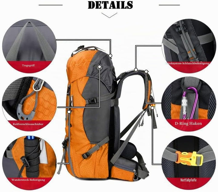 Bseash 60L Wasserdichter leichter Wanderrucksack mit Regenschutz, Outdoor Sport Tagesrucksack Multif