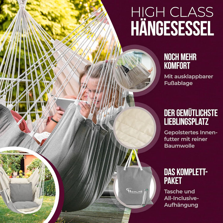 HEIMLING Hängesessel High-Class Outdoor & Indoor XXL [All Inclusive Paket mit Aufhängung + 3 Kissen]