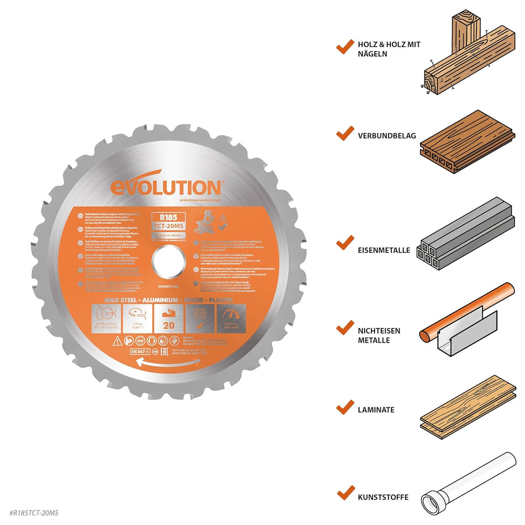 Evolution R185TCT-20MS - 185mm Universalblatt - 20 Zähne mit Hartmetallbestückung für Holz, Metall K