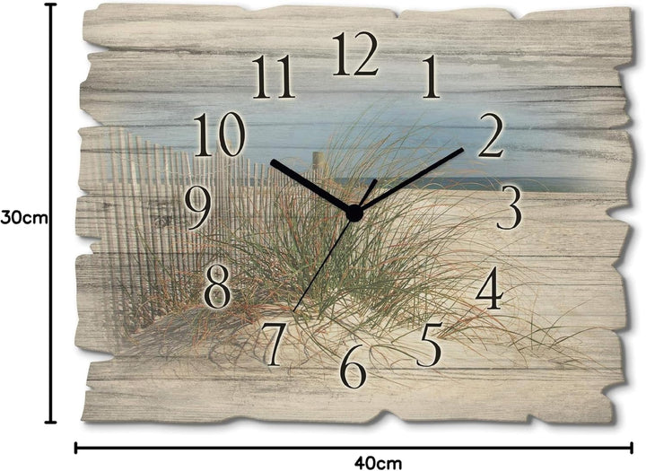 ARTLAND Wanduhr ohne Tickgeräusche aus Holz Funkuhr 40x30 cm Rechteckig Lautlos Strand Meer Düne Grä