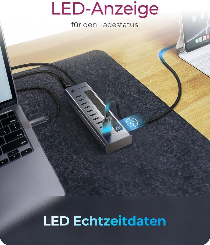 ICY Box 10-Port USB-C Hub, 9X USB 3.2 Gen 2 (10 Gbit/s), 1x USB-C Power Delivery 20 W, Aluminiumgehä