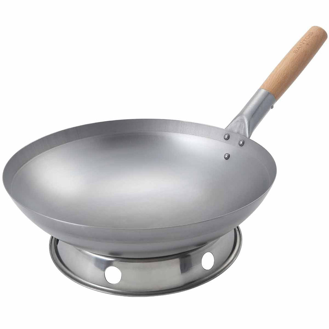 SANTOS Wok aus Carbonstahl Ø 33 cm – mit Holzgriff & Edelstahl-Wokring – Perfekt für asiatische Geri