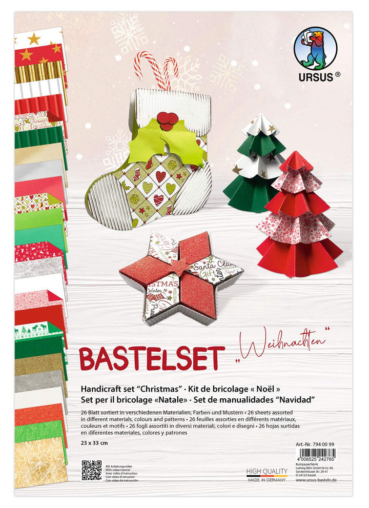 Ursus 7940099 - Bastelset Weihnachten, 26 Blatt in verschiedenen Materialien, Farben und Mustern, ca