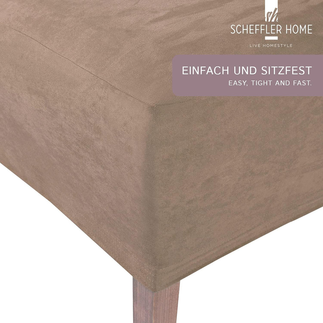 SCHEFFLER-Home Stuhlhussen 2er Set Leon Taupe/elastische Wildleder Hussen für Stühle/Robustes Freisc