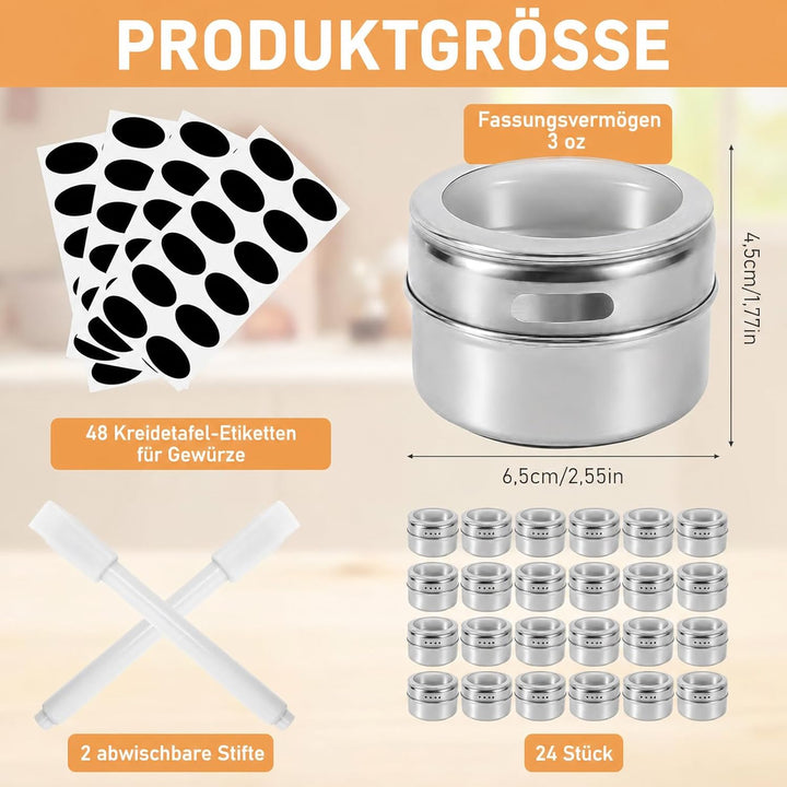 24 Stück Edelstahl Magnetische Gewürzdosen mit Deckeln, Magnet Gewürz Aufbewahrung Dosen Set mit 48