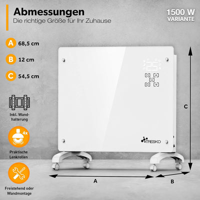 TRESKO® Glaskonvektor 1500W APP WiFi Funktion | Elektroheizung Glasheizung elektrisch | Konvektor He