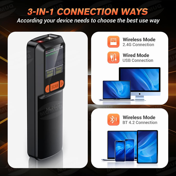 Barcode Scanner Kabelloser Mini 1D/2D QR Code Scanner mit LCD Display | 3-in-1 (BT/2.4G/USB) Konnekt