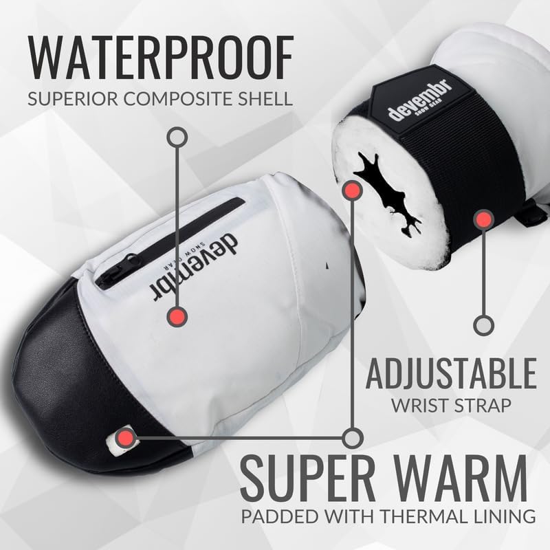 devembr Ski-Fäustlinge mit Handgelenkschützern, Warme Snowboard-Fäustlinge, Wasserdicht (S/M/L) Weis