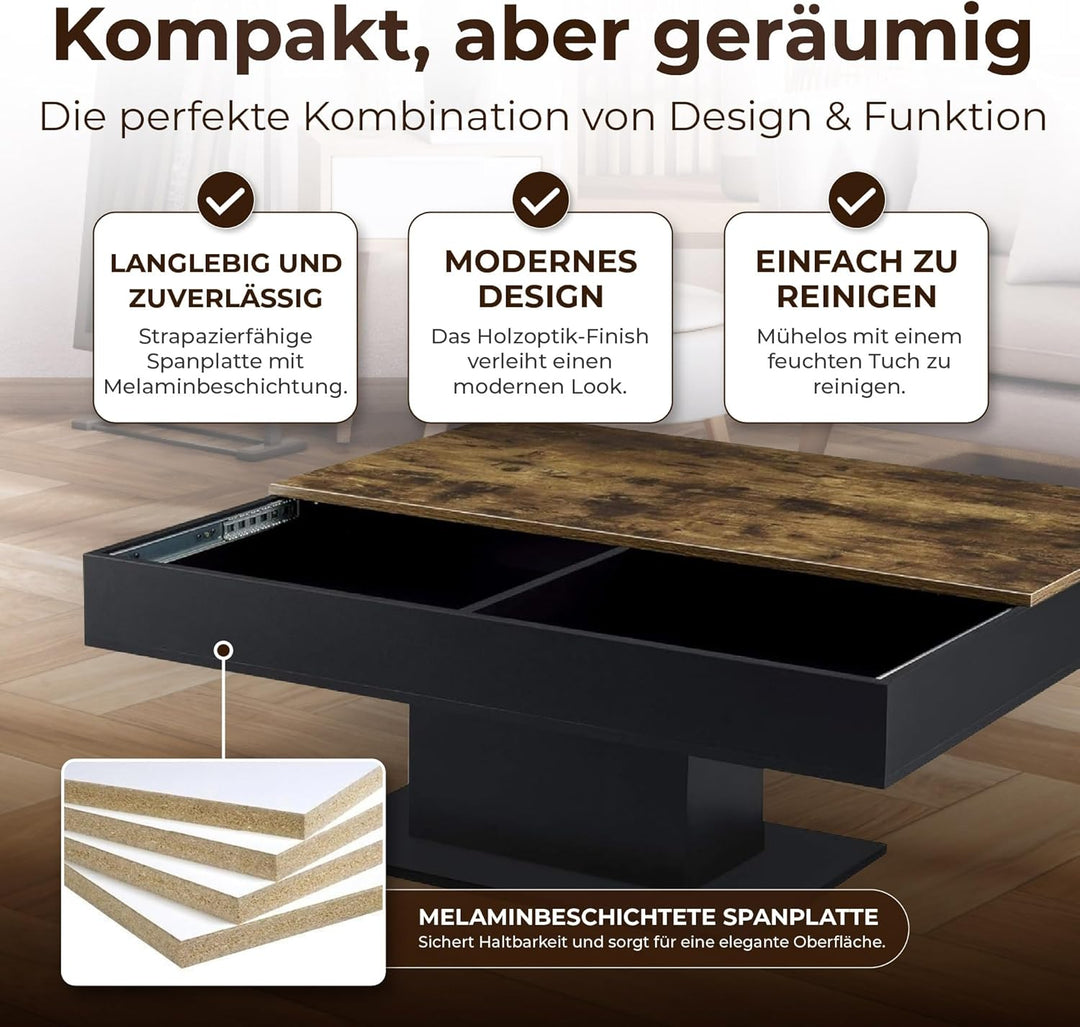 [en.casa] Couchtisch Lünen Wohnzimmertisch mit Stauraum Holzoptik Schwarz Truhentisch Sofatisch mit
