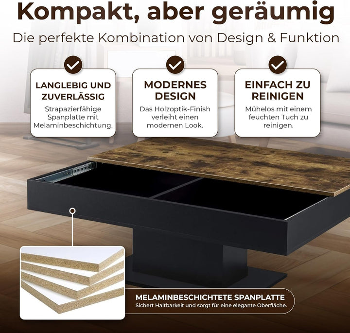 [en.casa] Couchtisch Lünen Wohnzimmertisch mit Stauraum Holzoptik Schwarz Truhentisch Sofatisch mit