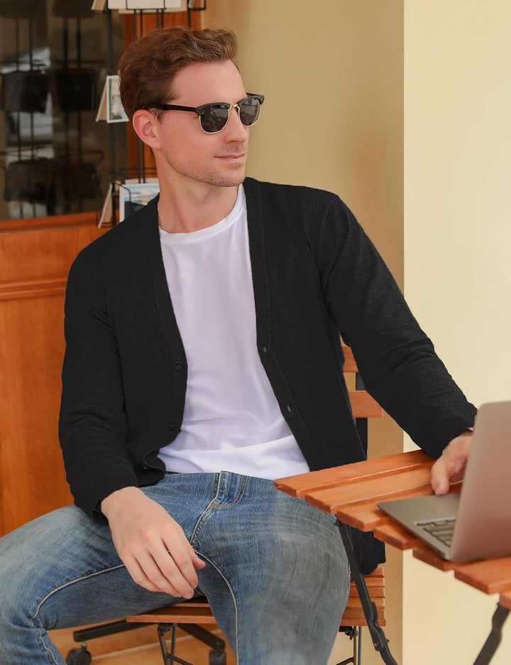 iClosam Herren Strickjacke Cardigan Mit V-Ausschnitt Aus Baumwolle Schwarz M, Schwarz M