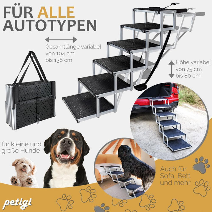 Petigi Hundetreppe für Auto klappbar Hund Anti Rutsch Einstiegshilfe faltbar 6 Stufen Hundeleiter 70