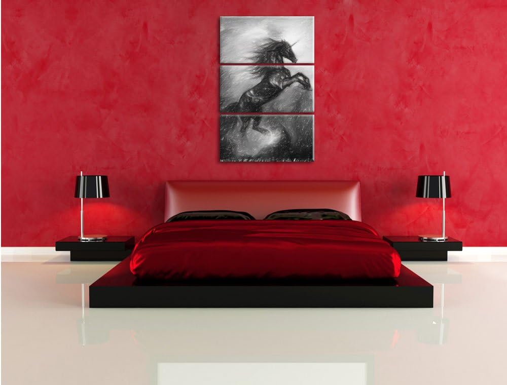 Pixxprint Traumhaftes schwarzes Einhorn Kohle Zeichnung Effekt 3-Teiler Leinwandbild 120x80 Bild auf